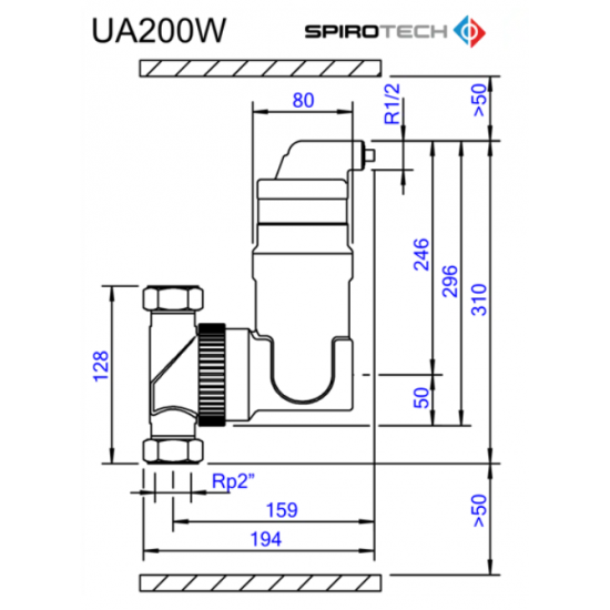 Separator de Aer UA200W Spirovent din alama– Vertical 2" – 110°C 10 bar – SPIROTECH