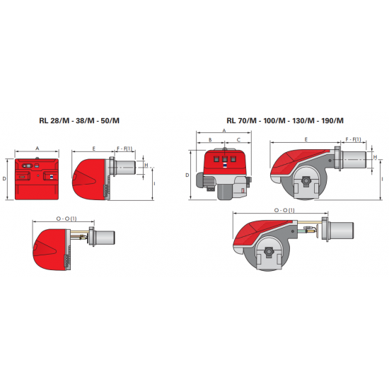 Arzator pe motorina Riello RL 38/M TL cu functionare in 2 trepte progresive , Cap Ardere Lung, Putere: 101/237 - 450 Kw
