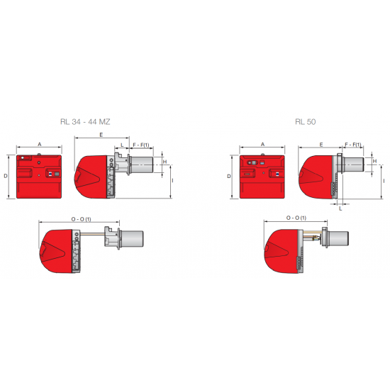 Arzator pe motorina Riello RL50TL cu functionare in 2 trepte, Cap Ardere Lung,  Putere: 148/296 - 593 Kw