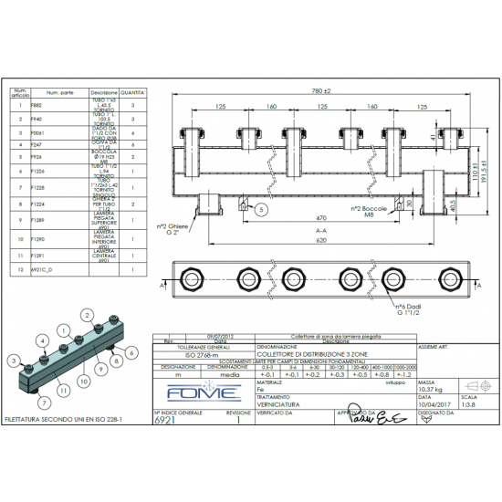 Distribuitor - Colector 3 Circuite – FOME D/C 180/110 6921 -  Debit 4 mc/h - 93 kW - Izolatie si Set Fixare Perete inclus