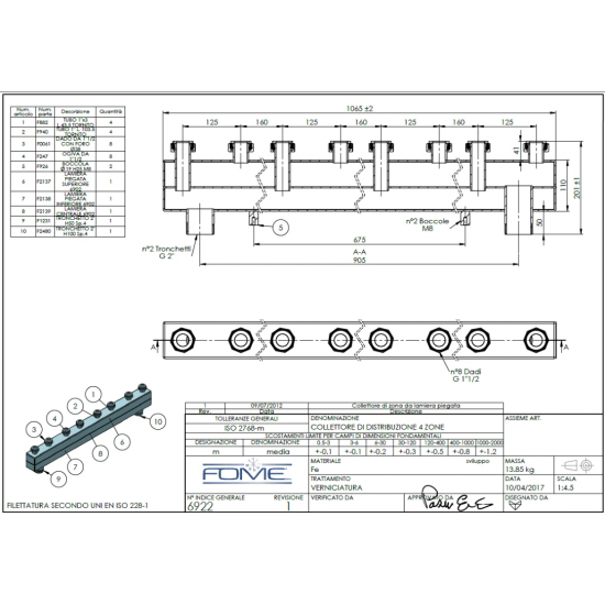 Distribuitor - Colector 4 Circuite – FOME D/C 180/110 6922 -  Debit 4 mc/h - 93 kW - Izolatie si Set Fixare Perete inclus