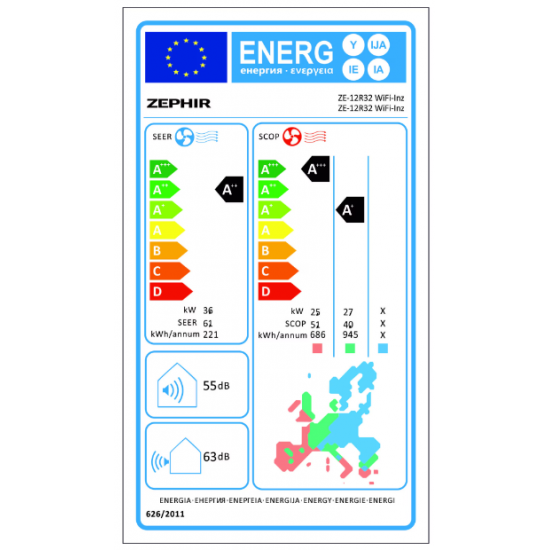Aer Conditionat 12000 btu Zephir  ZE-12R32 WIFI INZ, Inverter, Ionizare, Kit de instalare inclus, Clasa A++, Control activ de energie