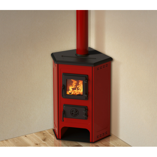 Soba/Semineu MBS Corner pe lemne, brichete sau carbune - putere 6.1 Kw Rosu
